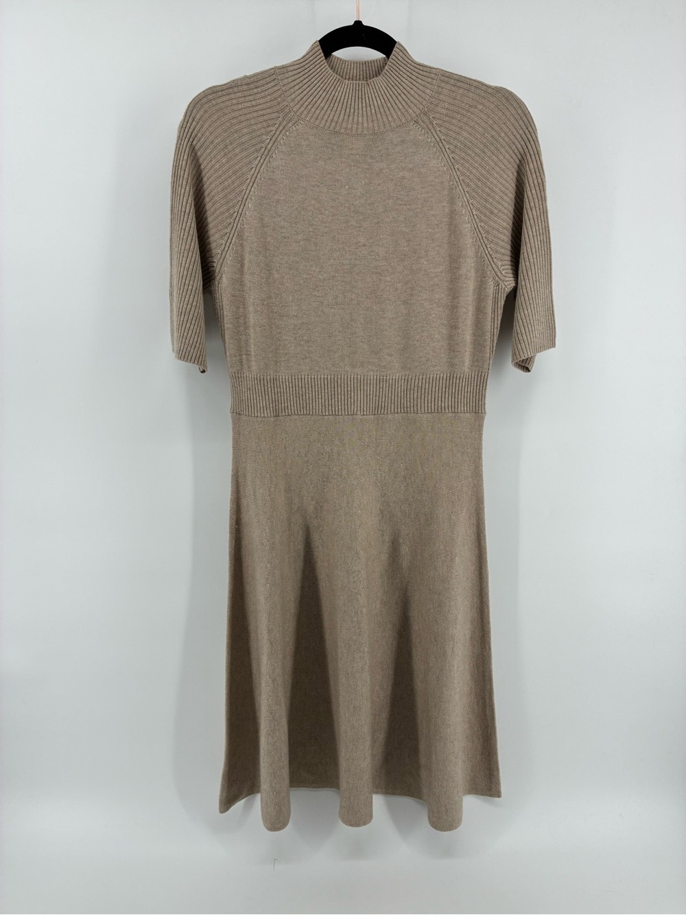 Magaschoni 5% Cashmere Blend Taupe Knit Sweater Midi Dress with Mock Neck